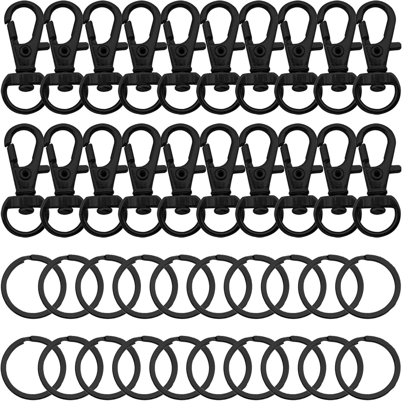 80-Piece Black Swivel Snap Hook and Key Ring Set – Includes swivel clasps, lanyard lobster claw clasps, and metal hooks for keychains, DIY jewelry, purses, and crafting projects.